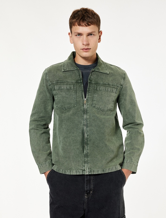  Pamuklu Cep Detaylı Klasik Yaka Yıkamalı Fermuarlı Jean Gömlek Ceket