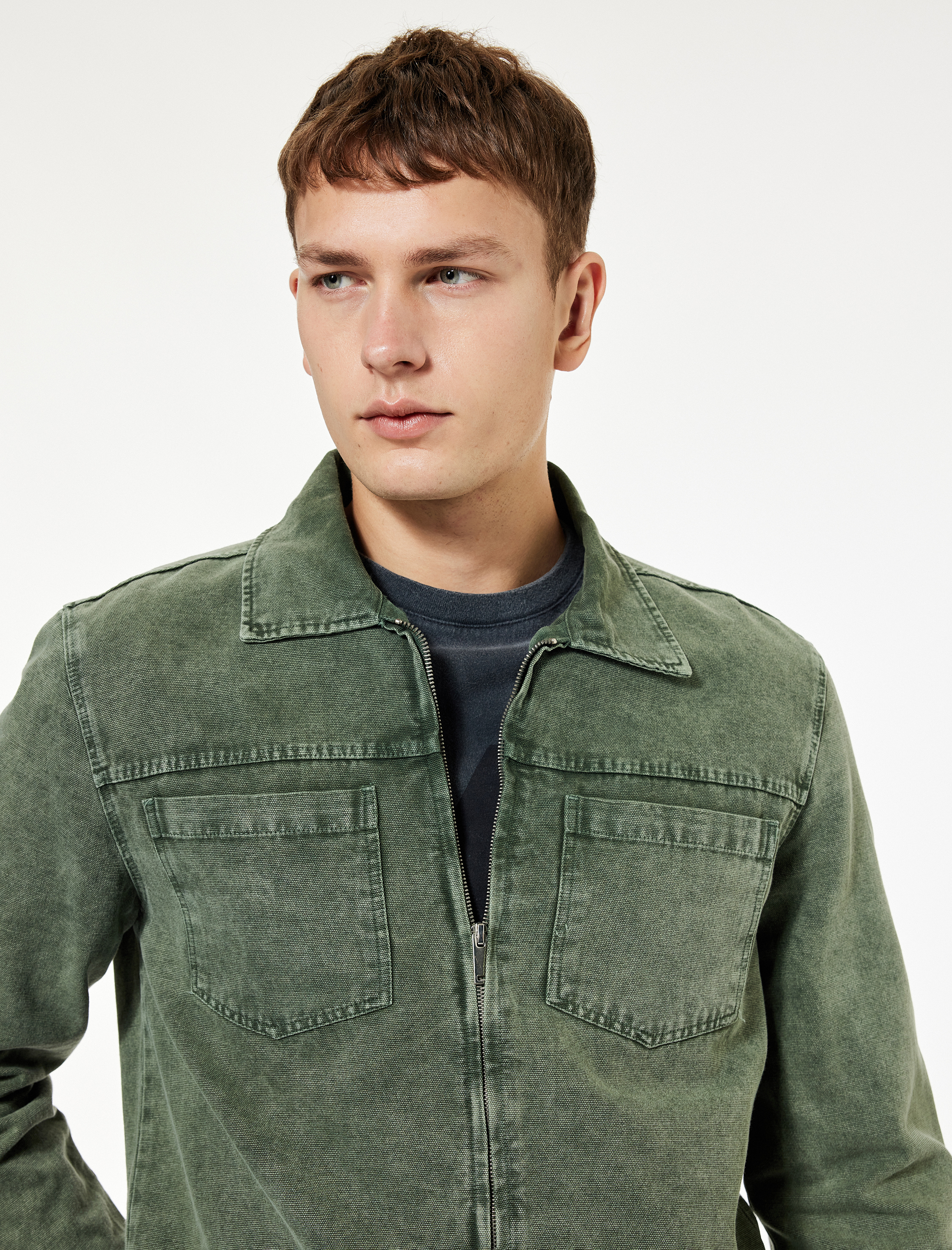   Pamuklu Cep Detaylı Klasik Yaka Yıkamalı Fermuarlı Jean Gömlek Ceket