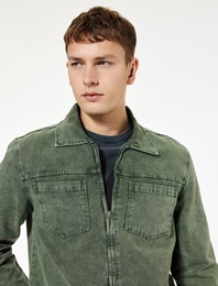 Pamuklu Cep Detaylı Klasik Yaka Yıkamalı Fermuarlı Jean Gömlek Ceket