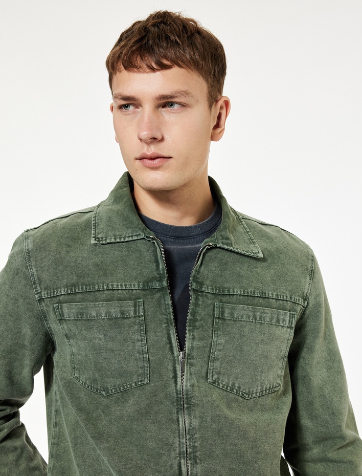  Pamuklu Cep Detaylı Klasik Yaka Yıkamalı Fermuarlı Jean Gömlek Ceket