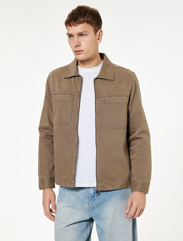  Pamuklu Uzun Kollu Cep Detaylı Klasik Yaka Jean Gömlek Ceket