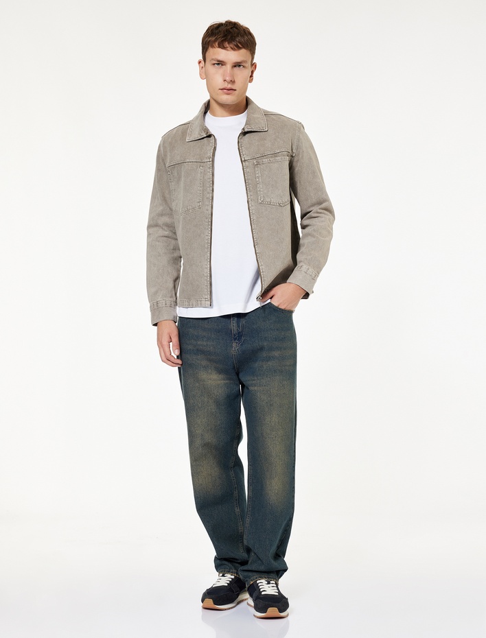  Uzun Kollu Dikiş Detaylı Klasik Yaka Cepli Pamuklu Jean Gömlek Ceket