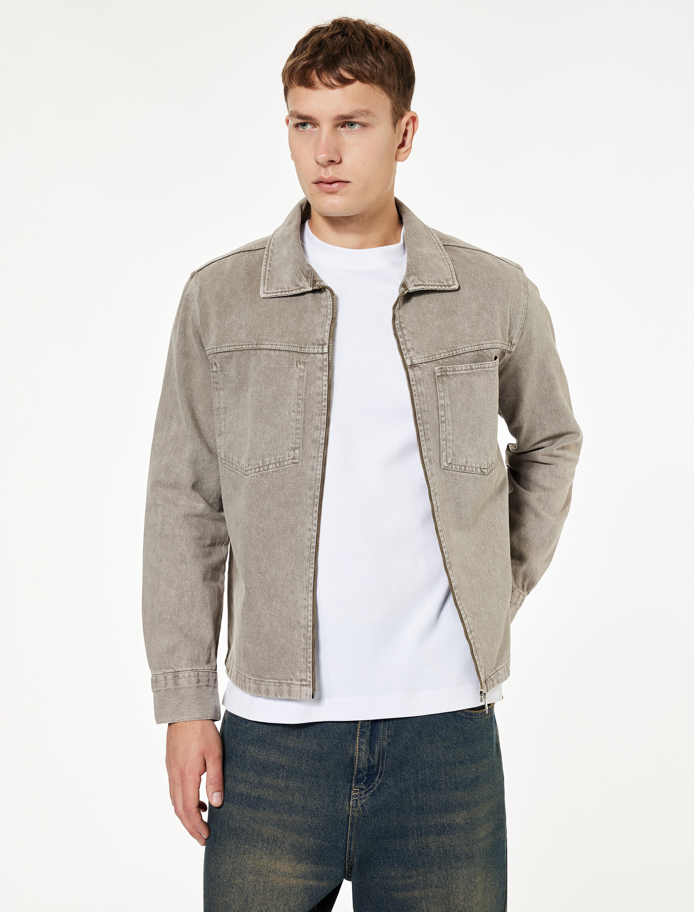   Uzun Kollu Dikiş Detaylı Klasik Yaka Cepli Pamuklu Jean Gömlek Ceket