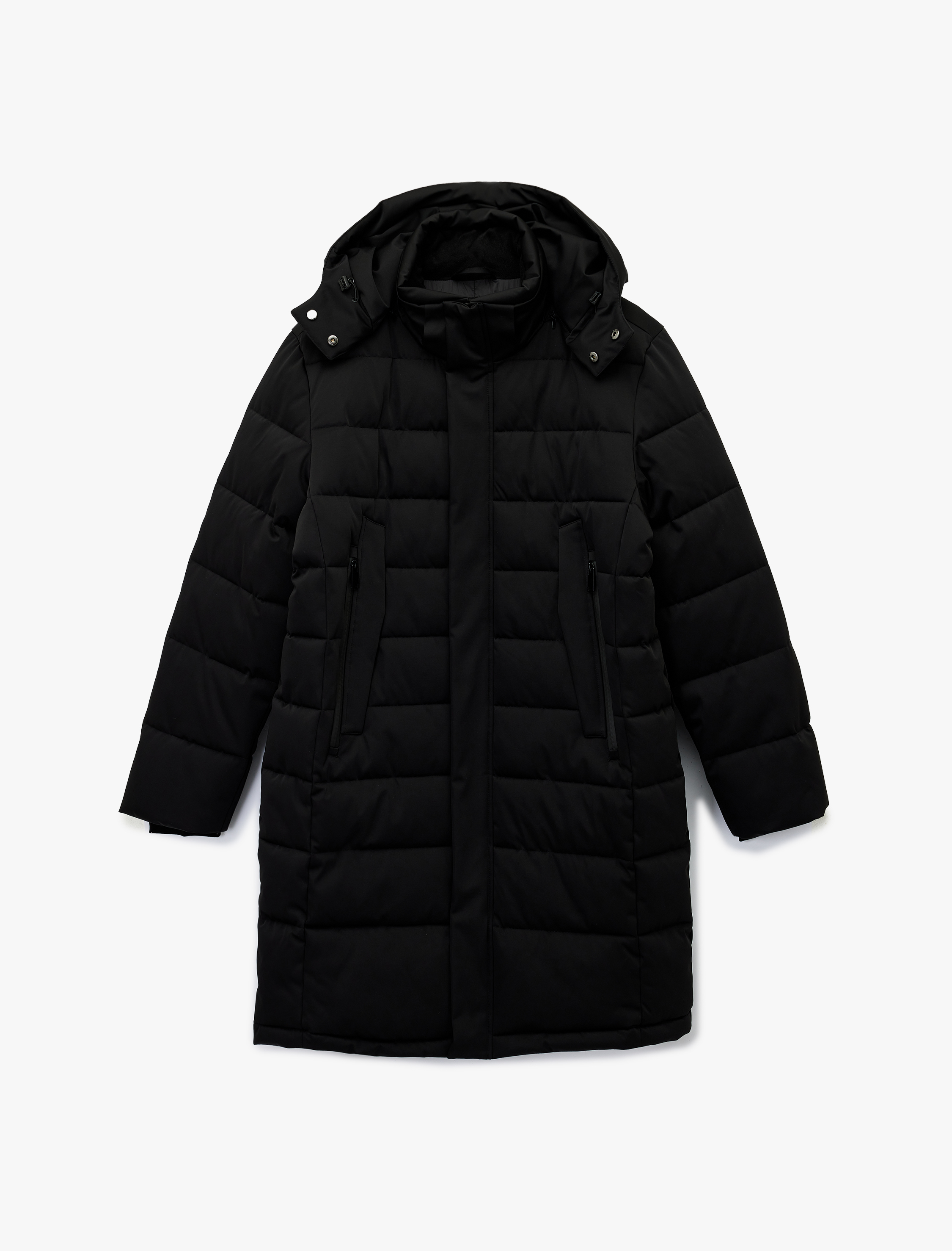   Uzun Kollu Cepli Kapşonlu Uzun Şişme Mont