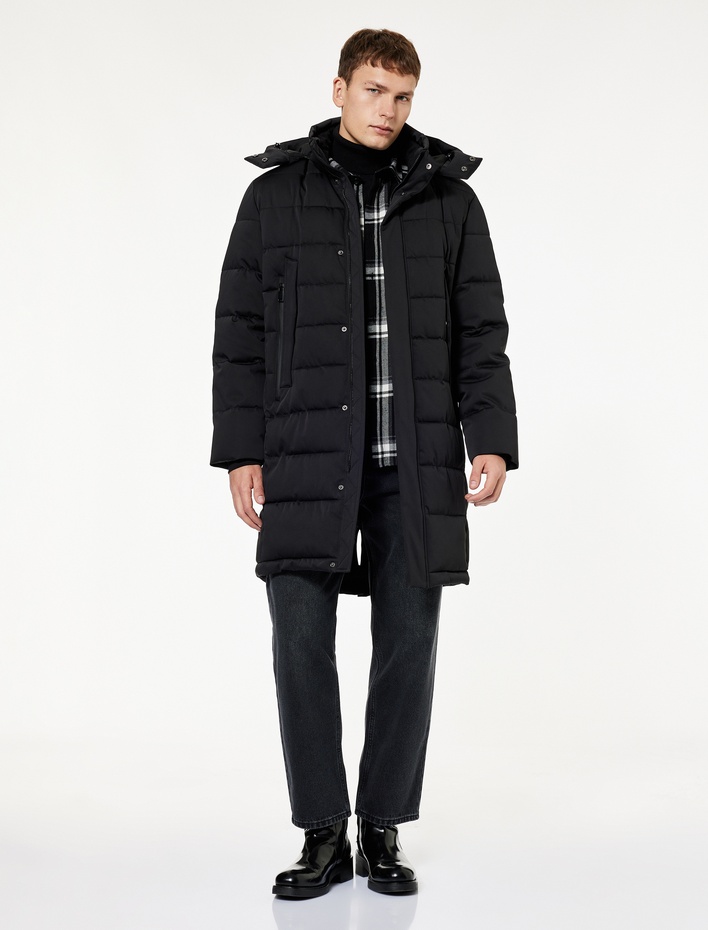  Uzun Kollu Cepli Kapşonlu Uzun Şişme Mont