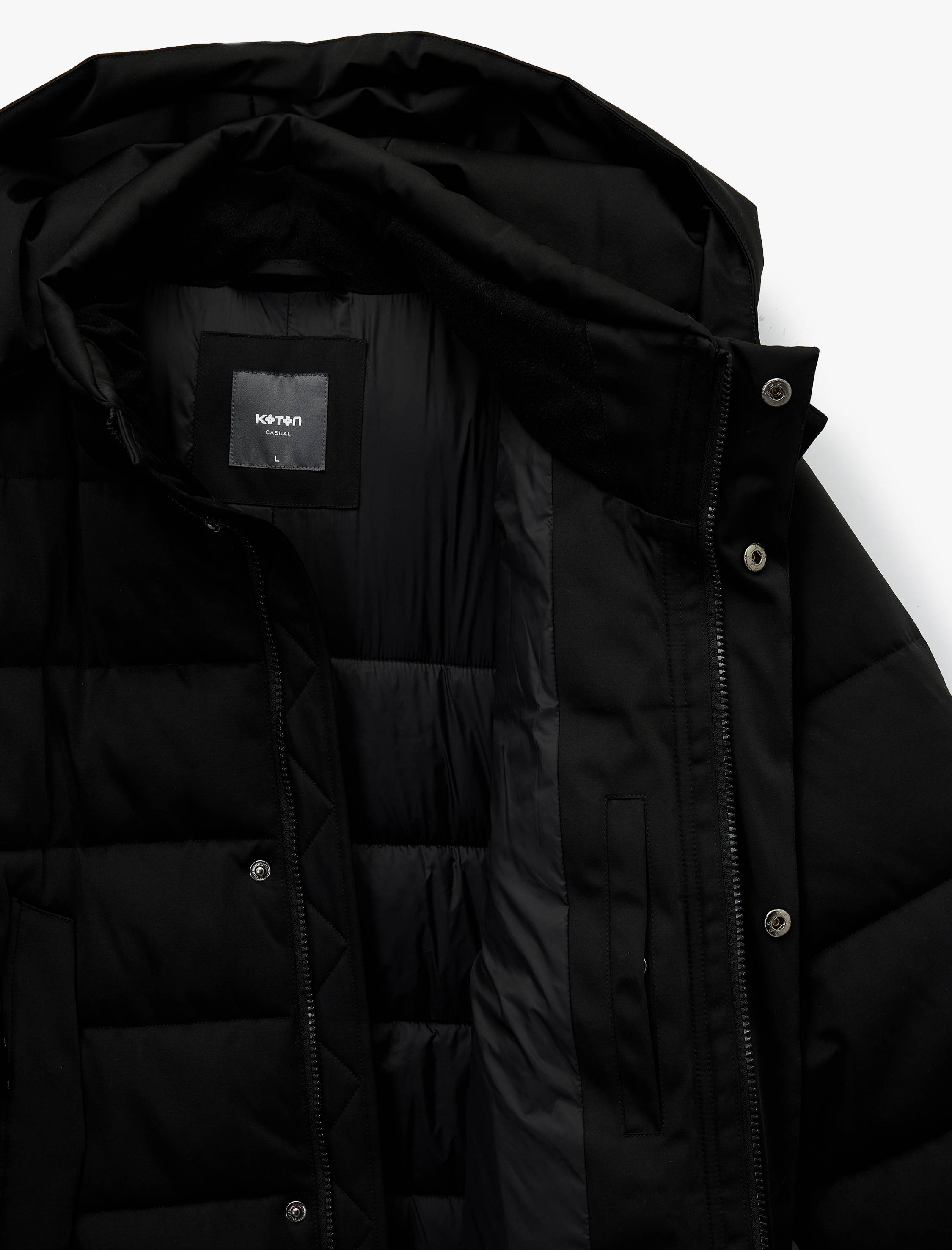   Uzun Kollu Cepli Kapşonlu Uzun Şişme Mont