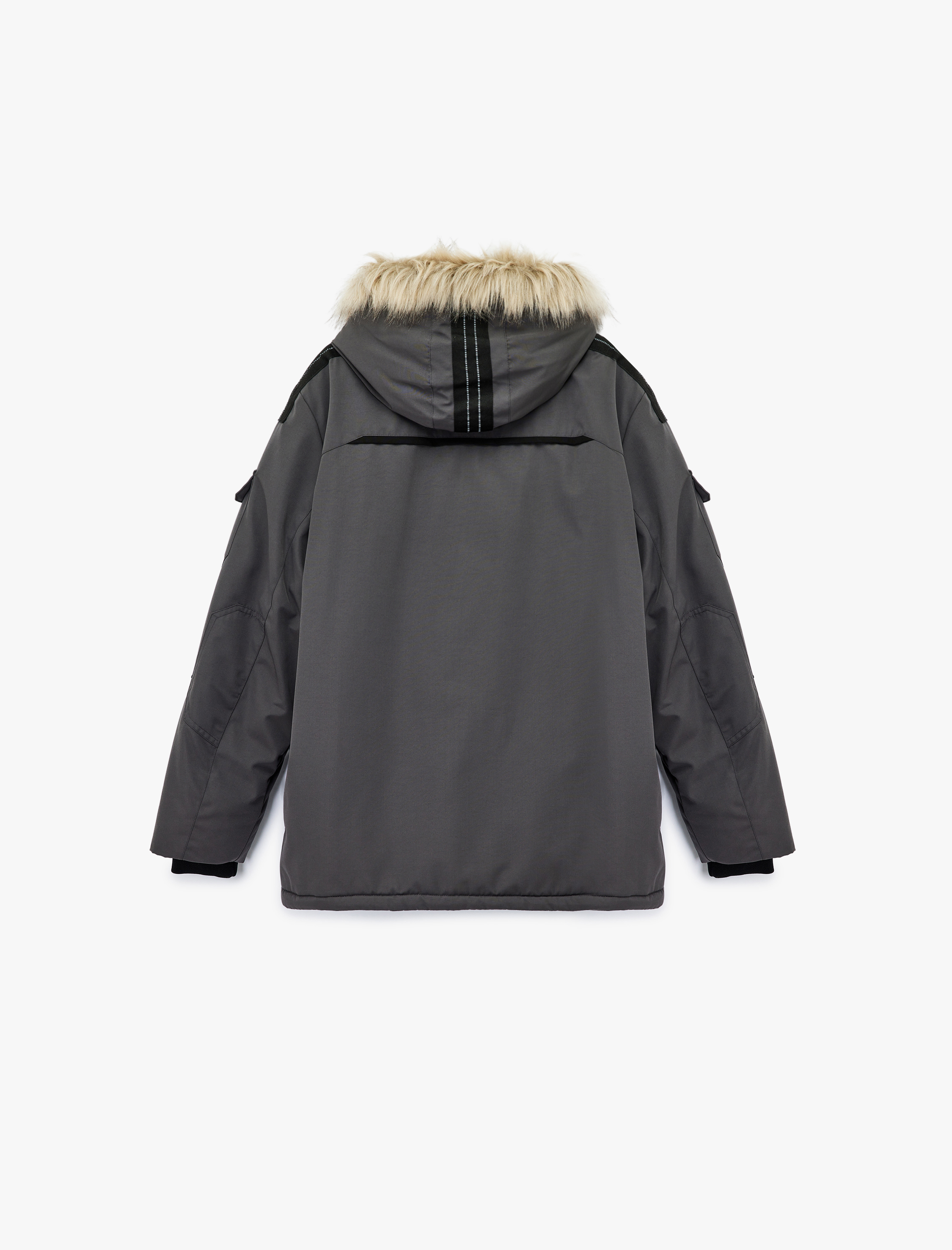   Uzun Kollu Cep Detaylı Suni Kürklü Kapşonlu Kışlık Parka