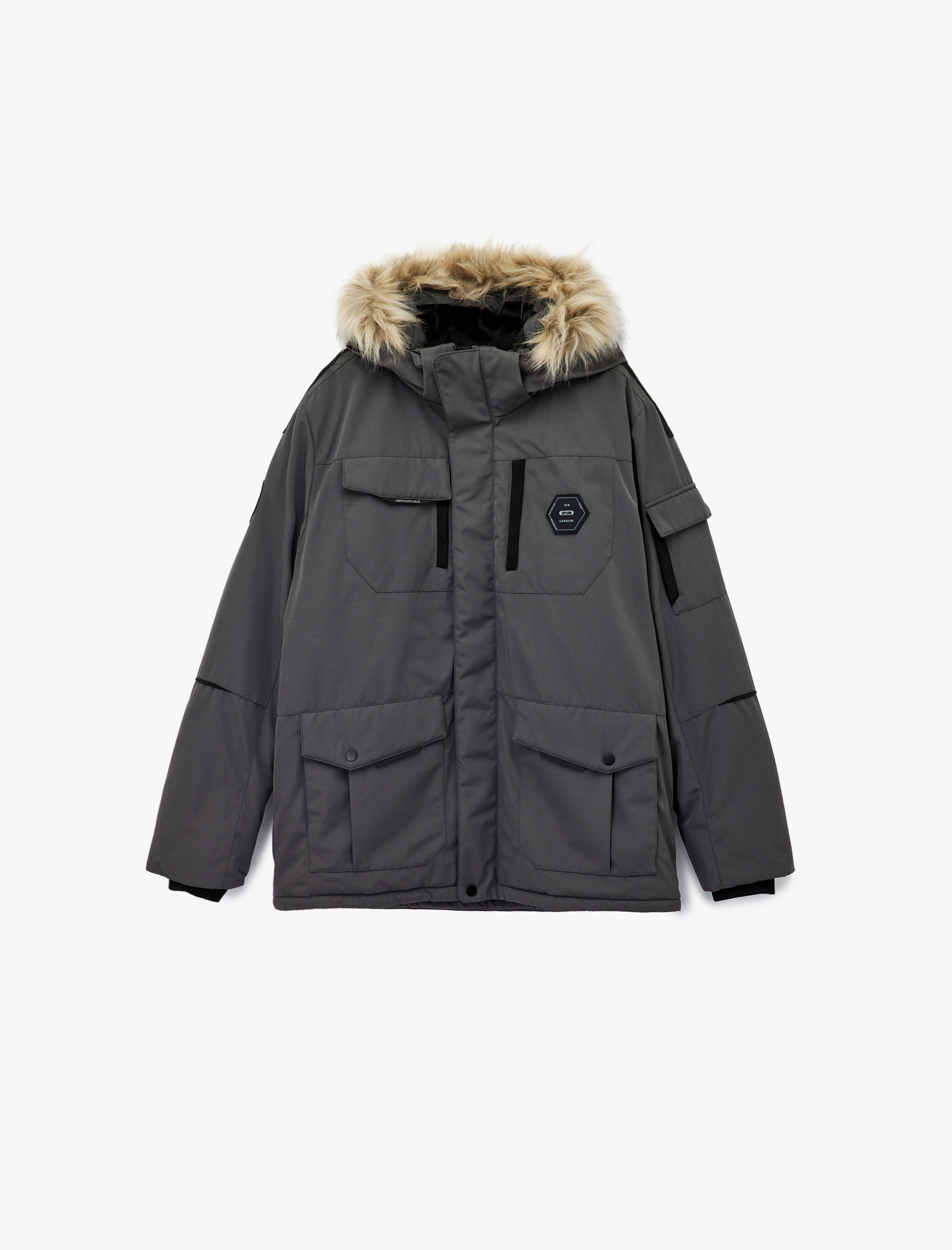   Uzun Kollu Cep Detaylı Suni Kürklü Kapşonlu Kışlık Parka