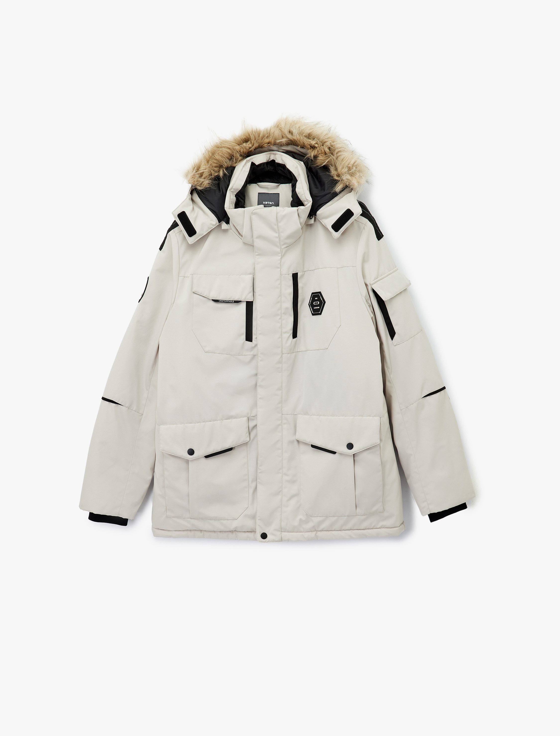   Uzun Kollu Cep Detaylı Suni Kürklü Kapşonlu Kışlık Parka