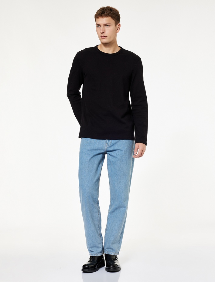  Pamuklu Bisiklet Yaka Basic Slim Fit Uzun Kollu Tişört