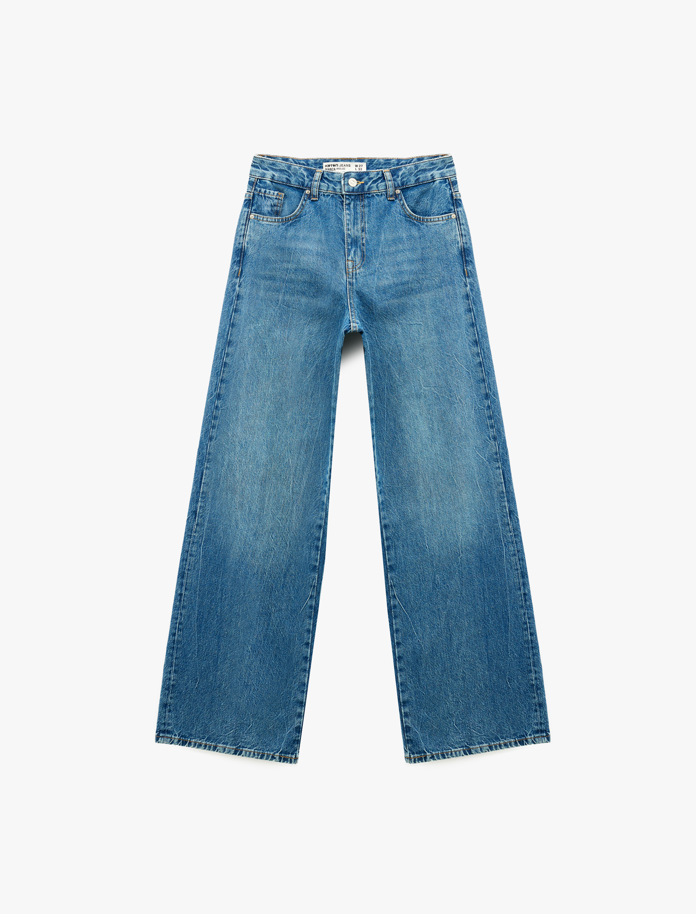  Normal Bel Pamuklu Düğmeli Cepli Geniş Paça Jean Pantolon - Wide Leg Jeans
