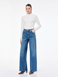 Normal Bel Pamuklu Düğmeli Cepli Geniş Paça Jean Pantolon - Wide Leg Jeans