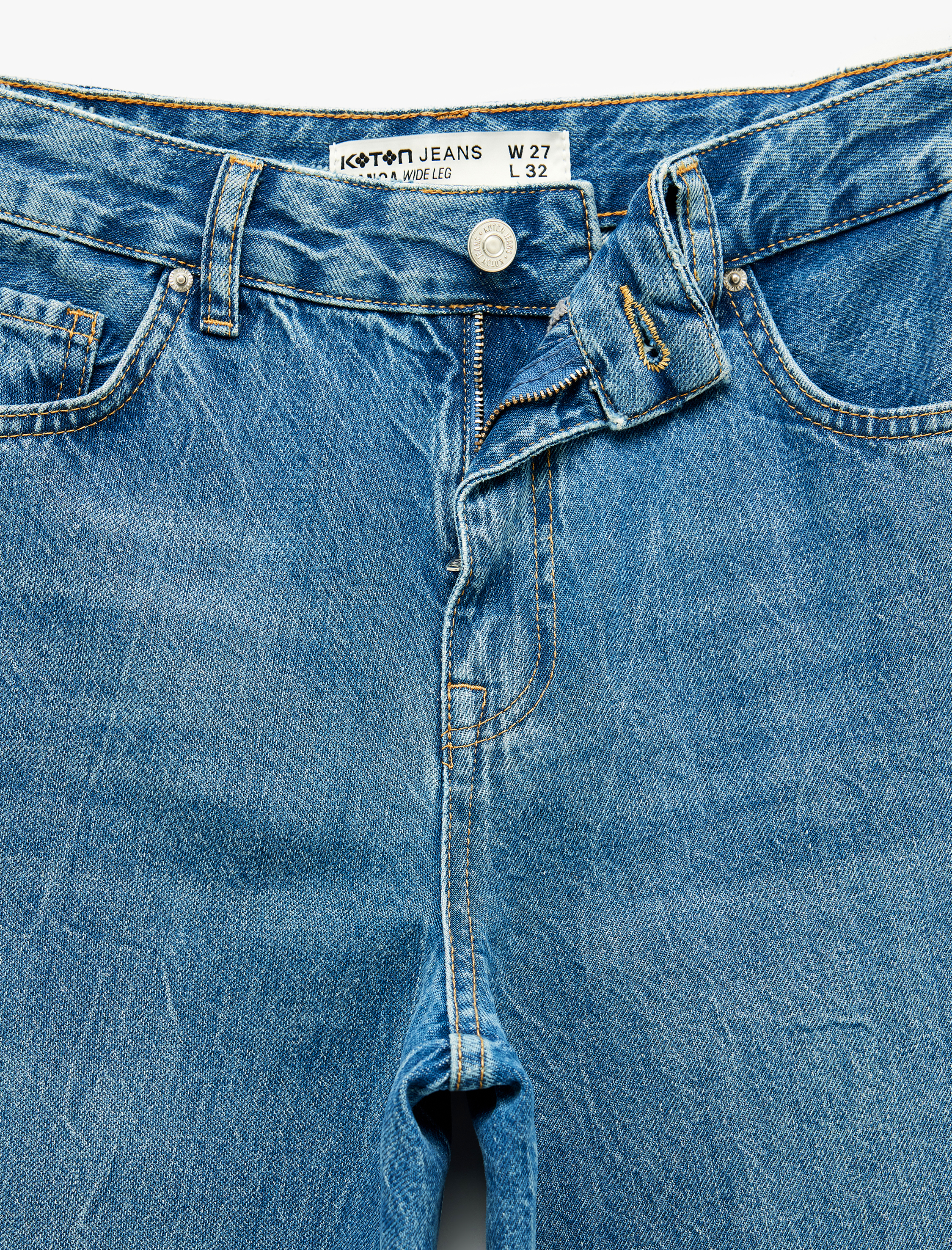   Normal Bel Pamuklu Düğmeli Cepli Geniş Paça Jean Pantolon - Wide Leg Jeans
