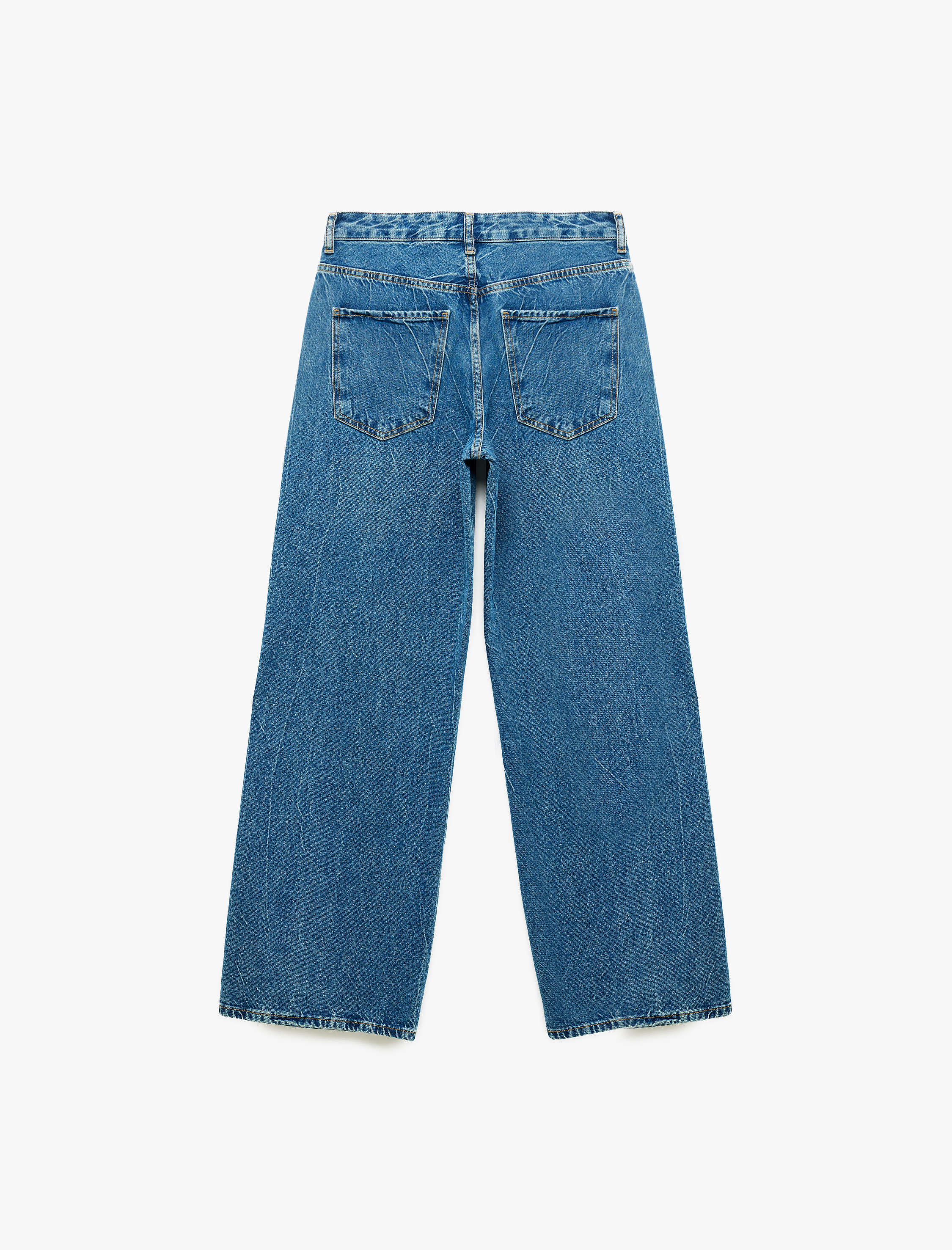   Normal Bel Pamuklu Düğmeli Cepli Geniş Paça Jean Pantolon - Wide Leg Jeans