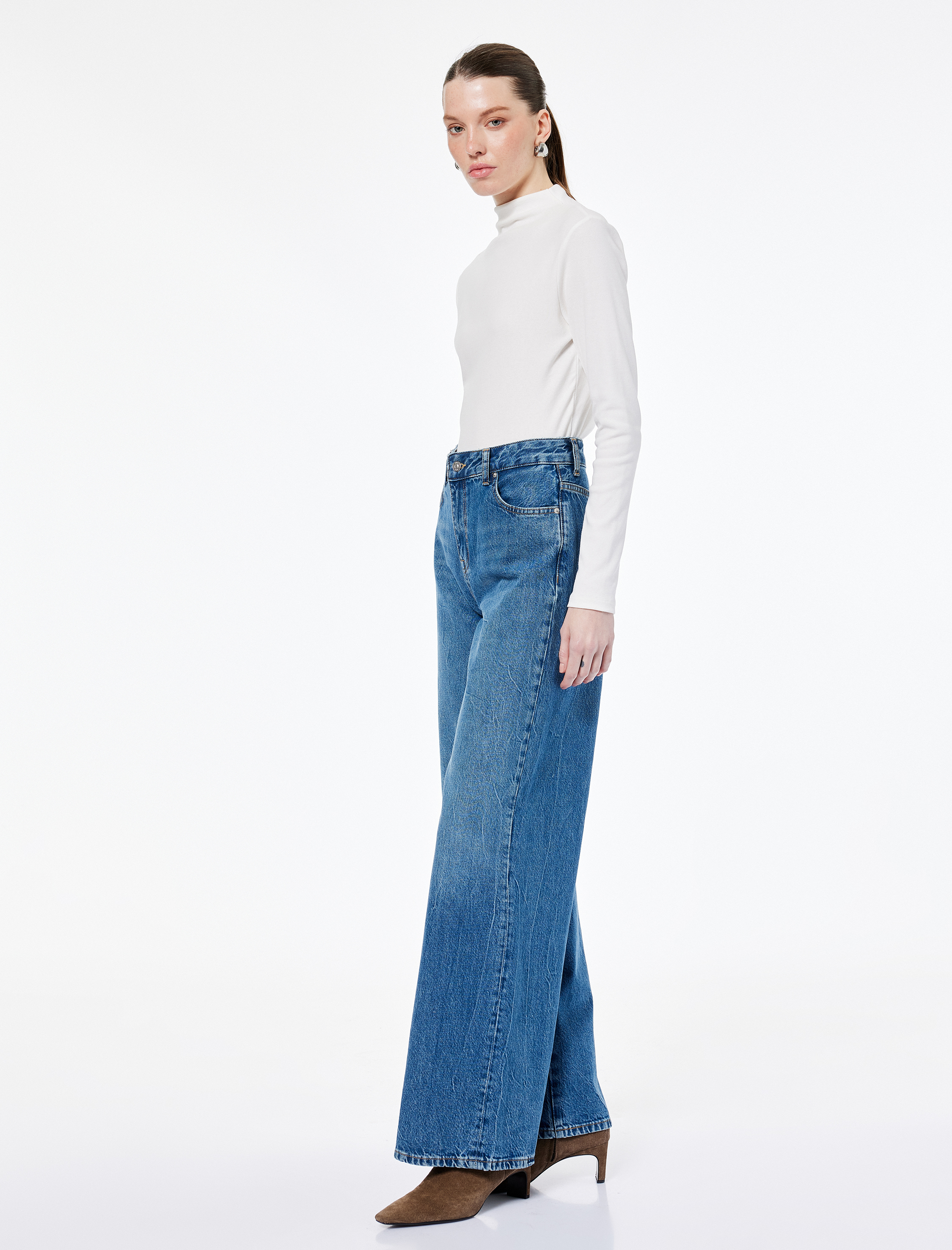   Normal Bel Pamuklu Düğmeli Cepli Geniş Paça Jean Pantolon - Wide Leg Jeans