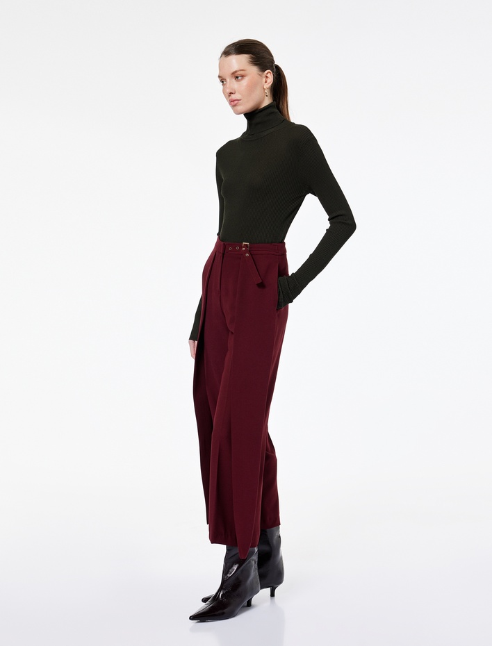  Kemer Detaylı Bilek Boy Geniş Paça Krep Palazzo Pantolon