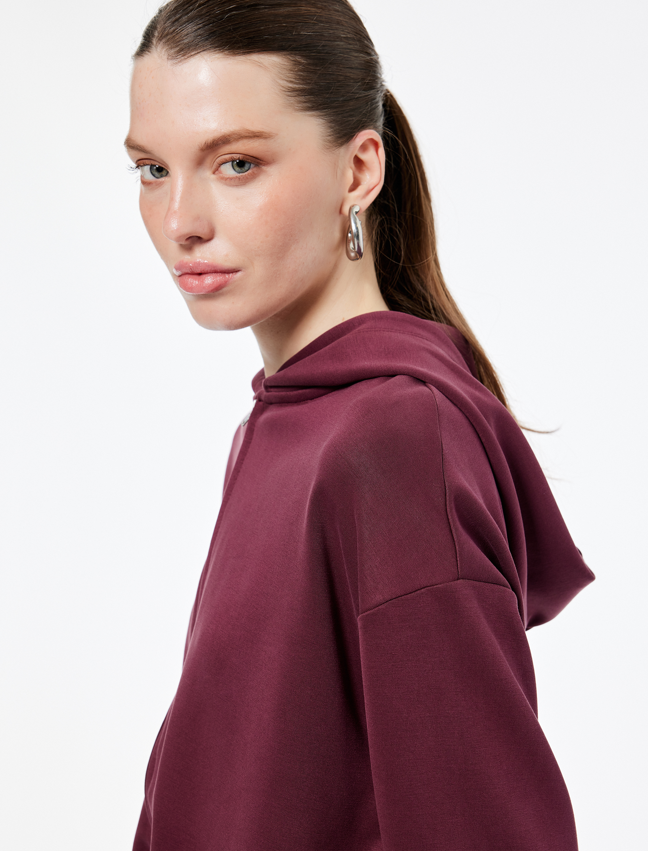   Rahat Kalıp Modal Kumaş Uzun Kollu Tam Fermuarlı Kapüşonlu Sweatshirt