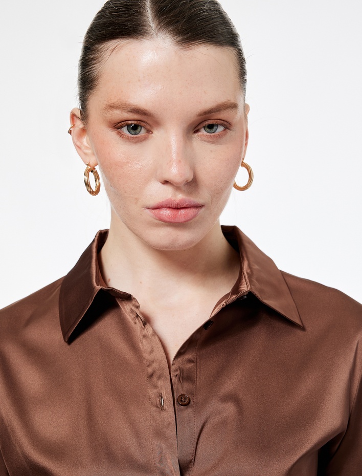  Regular Fit Düğmeli Uzun Kollu Saten Gömlek