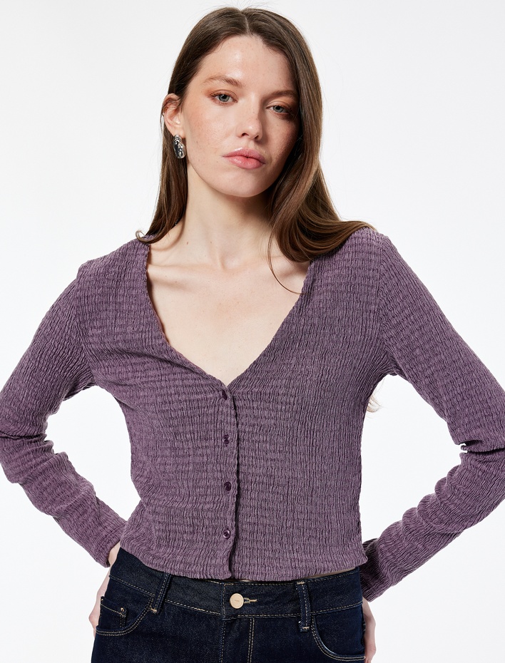  Bürümcük Kumaş Slim Fit Uzun Kollu V Yaka Düğmeli Bluz