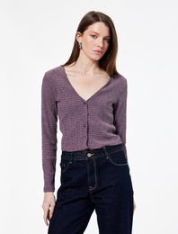 Bürümcük Kumaş Slim Fit Uzun Kollu V Yaka Düğmeli Bluz