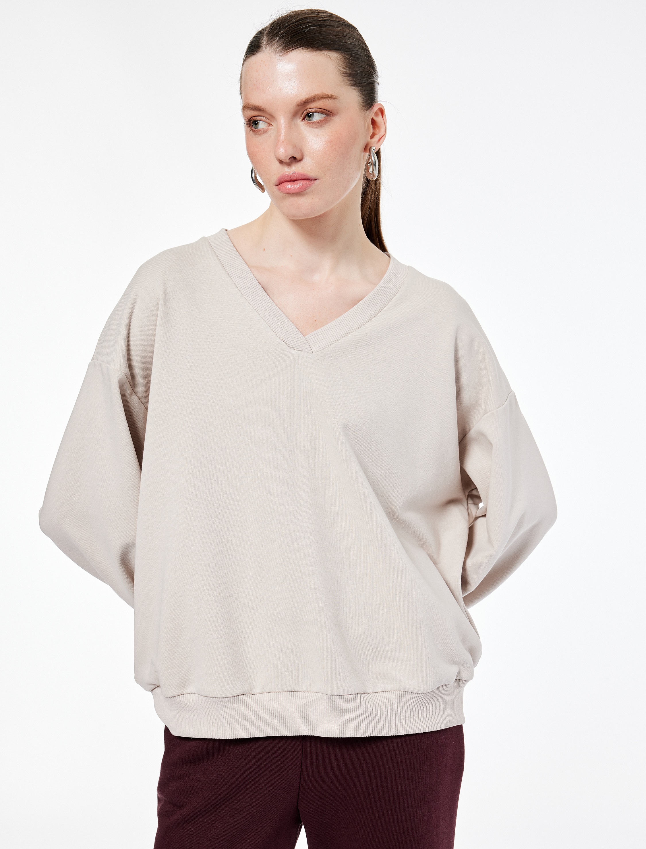   V Yaka Uzun Kollu Rahat Kalıp Triko Pijama Üstü