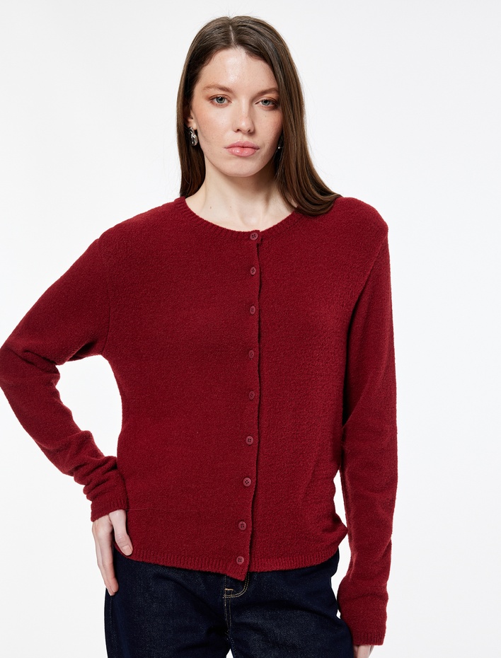  Uzun Kollu Bisiklet Yaka Düğmeli Peluş Triko Hırka