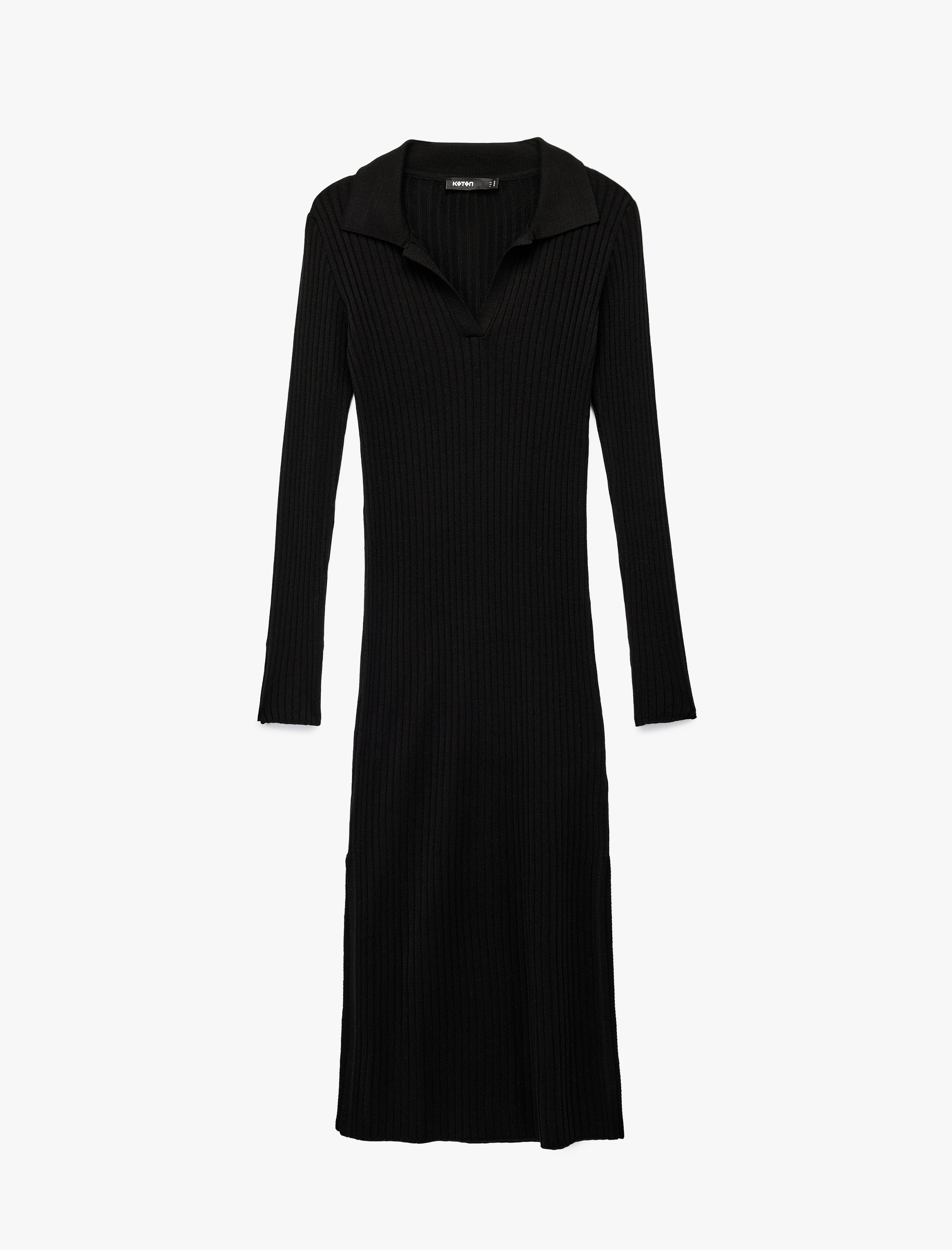   Uzun Kollu Yırtmaçlı Polo Yaka Uzun Triko Kalem Elbise