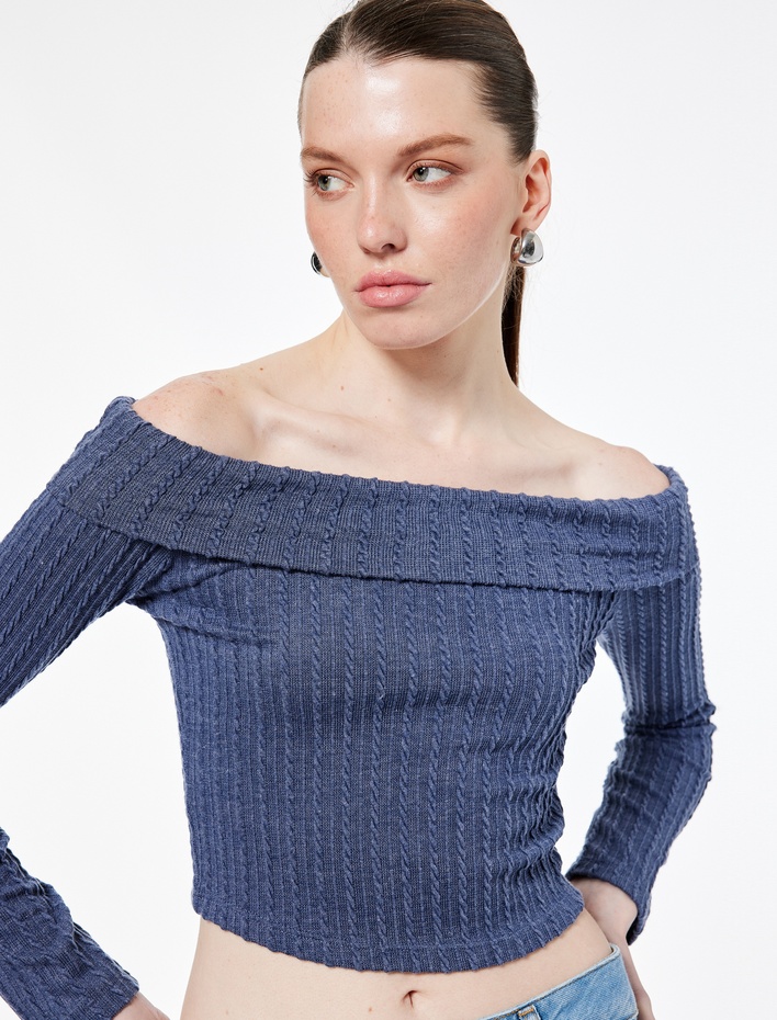  Slim Fit Uzun Kollu Saç Örgü Dokulu Omzu Açık Bluz