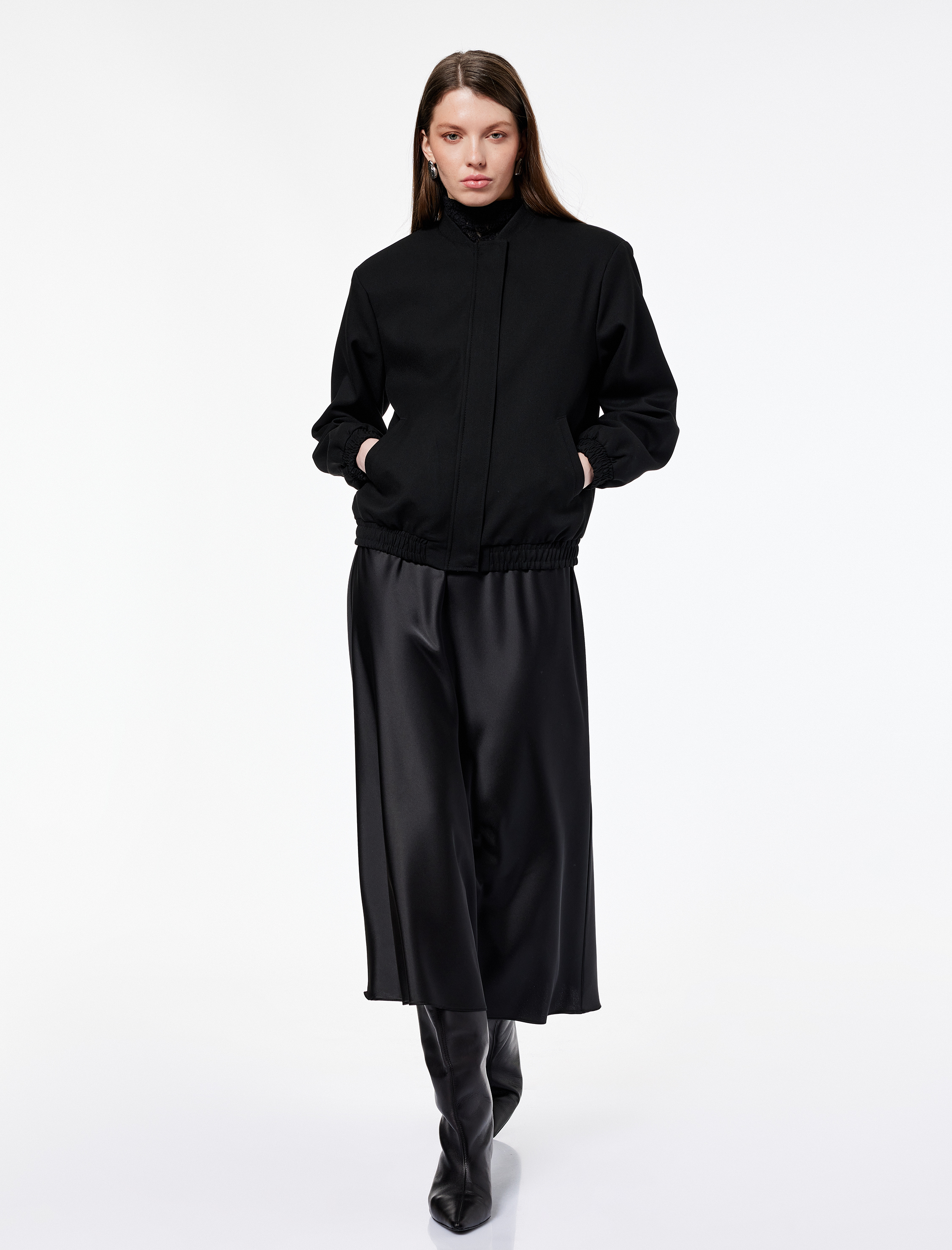   Uzun Kollu Viskon Karışımlı Cep Detaylı Bomber Ceket