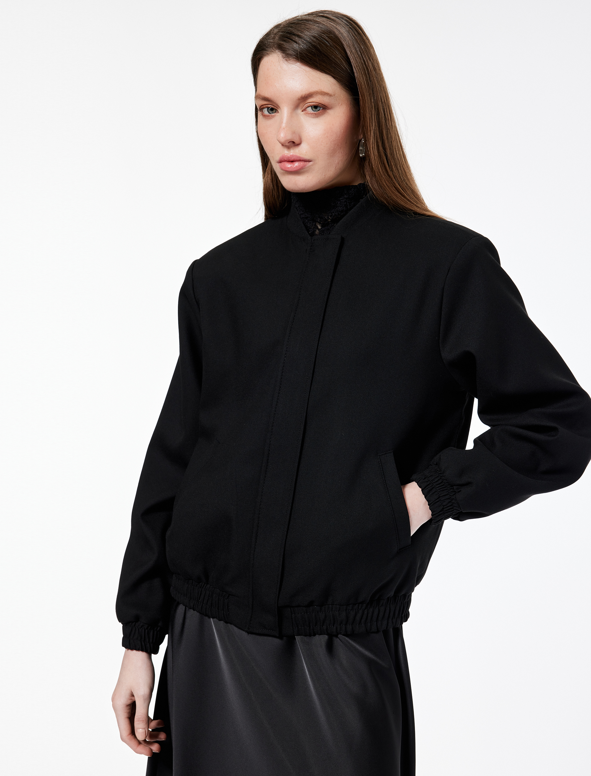   Uzun Kollu Viskon Karışımlı Cep Detaylı Bomber Ceket