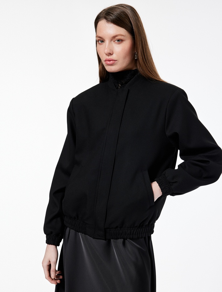  Uzun Kollu Viskon Karışımlı Cep Detaylı Bomber Ceket