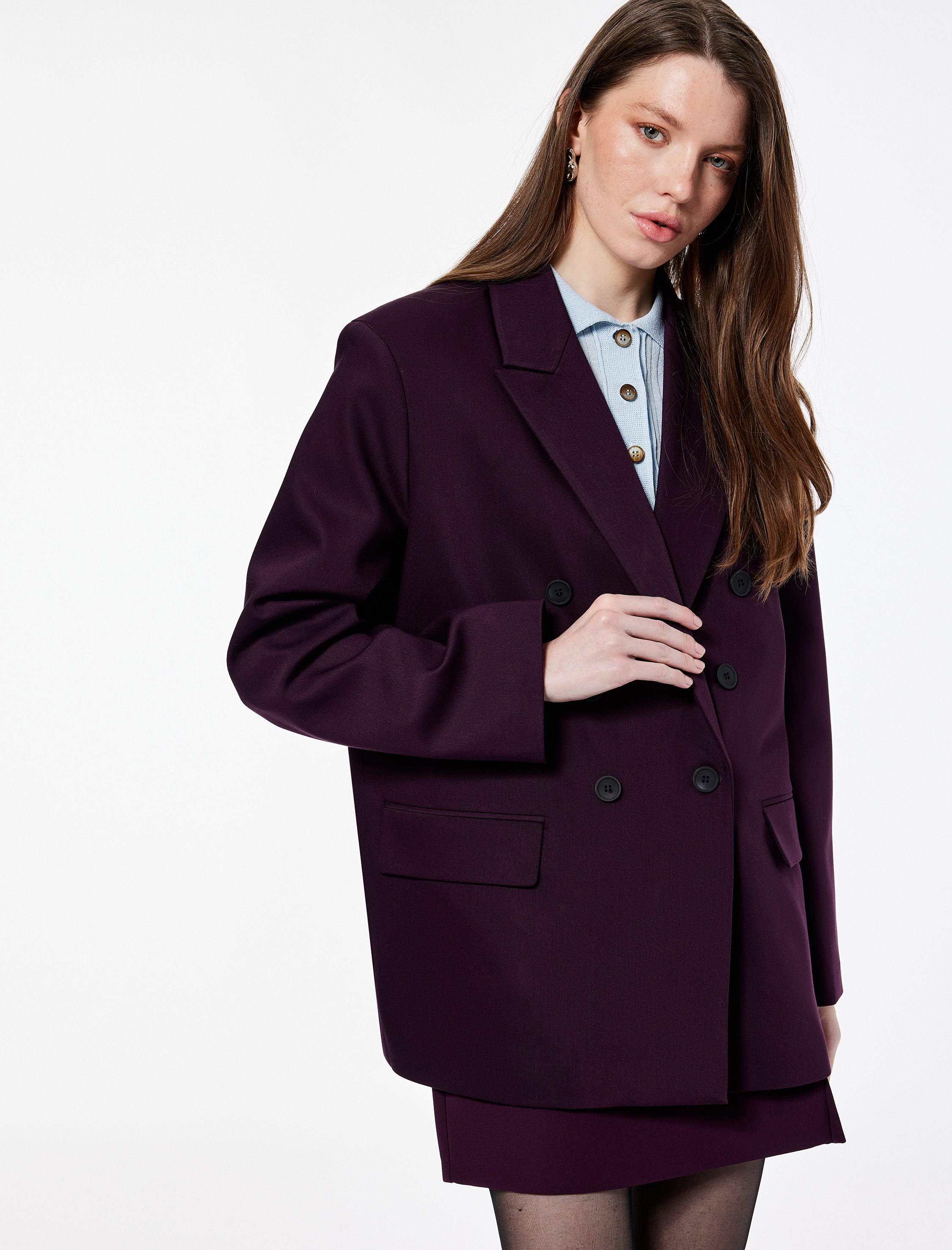   Düğmeli Cep Detaylı Uzun Kollu Kruvaze Yaka Blazer Ceket