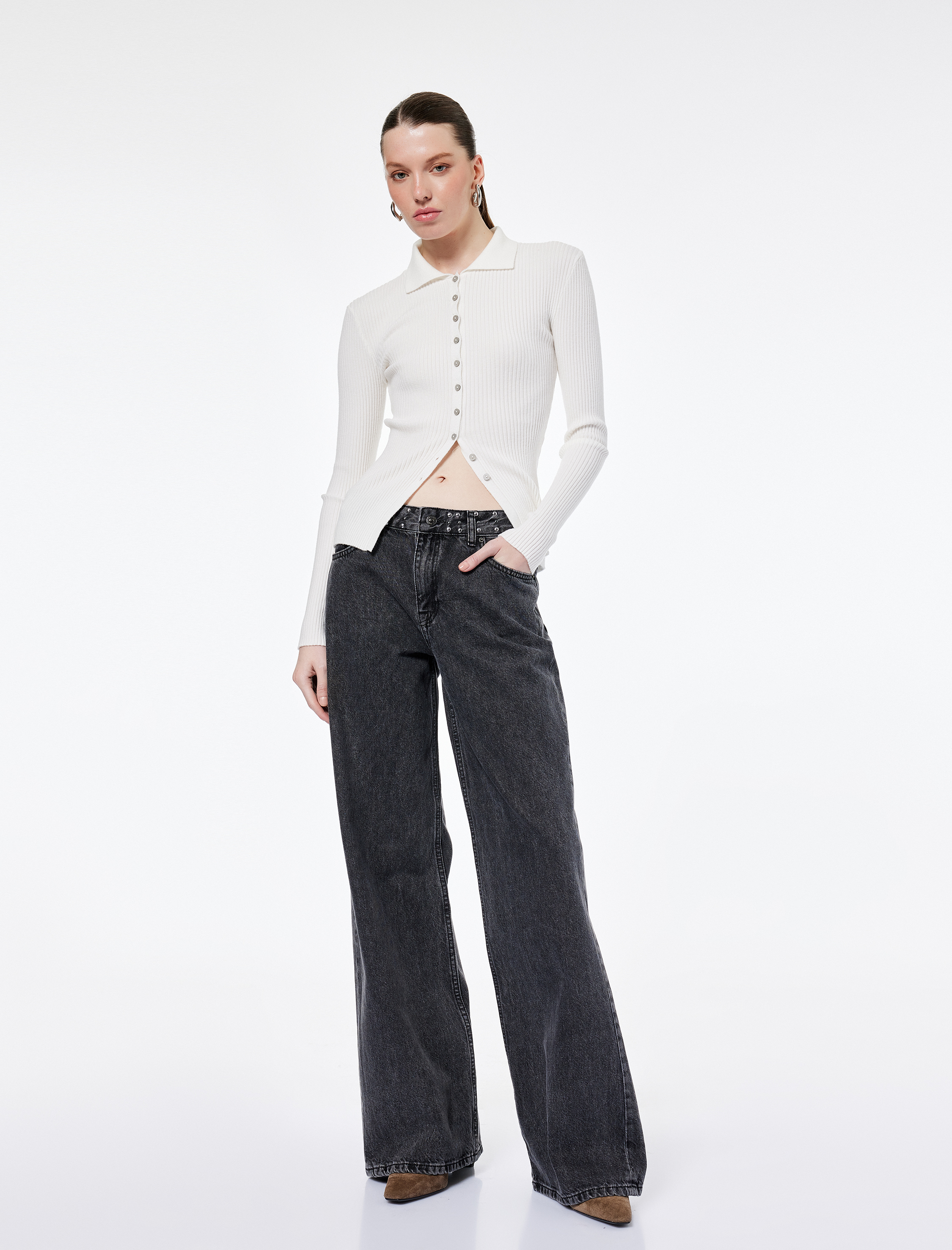   Normal Bel Troklu Pamuklu Geniş Paça Jean Pantolon - Wide Leg Jeans