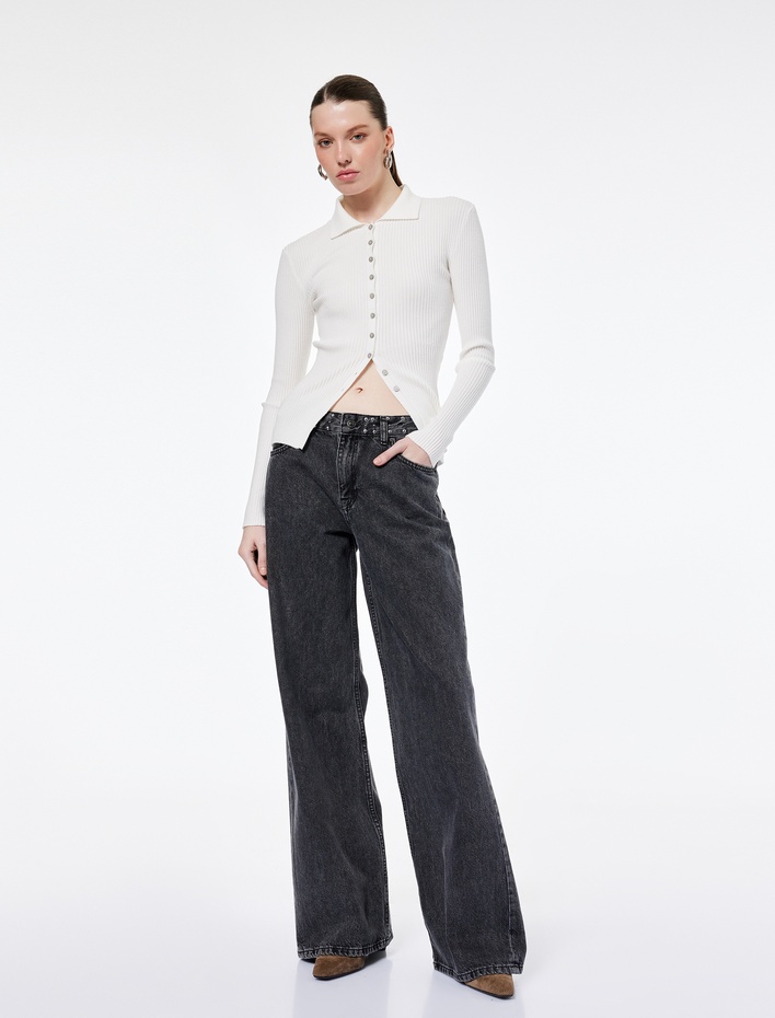  Normal Bel Troklu Pamuklu Geniş Paça Jean Pantolon - Wide Leg Jeans