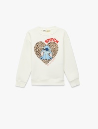 Lisanslı Stitch Baskılı Uzun Kollu Bisiklet Yaka Şardonlu Sweatshirt