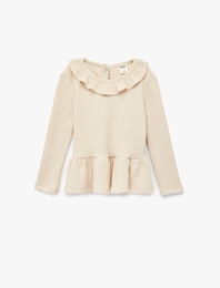 Fırfır Detaylı Uzun Kollu Bisiklet Yaka Tişört