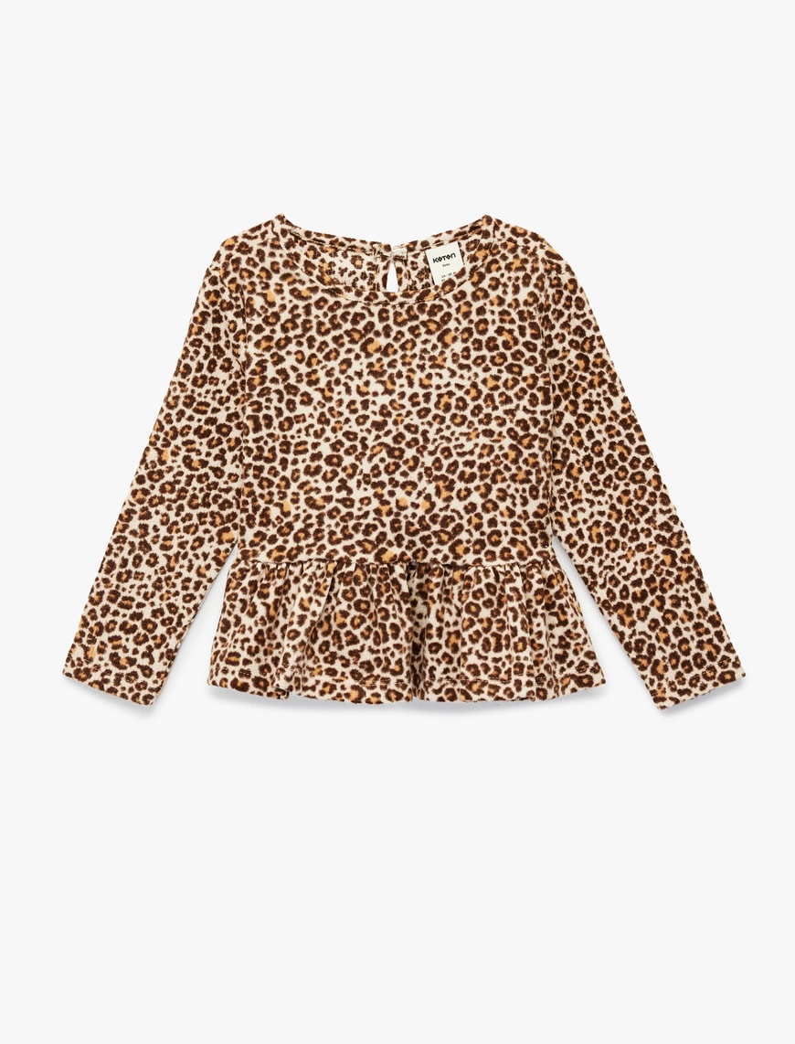 Koton Kız Bebek Leopar Desenli Uzun Kollu Şardonlu Bisiklet Yaka T-Shirt