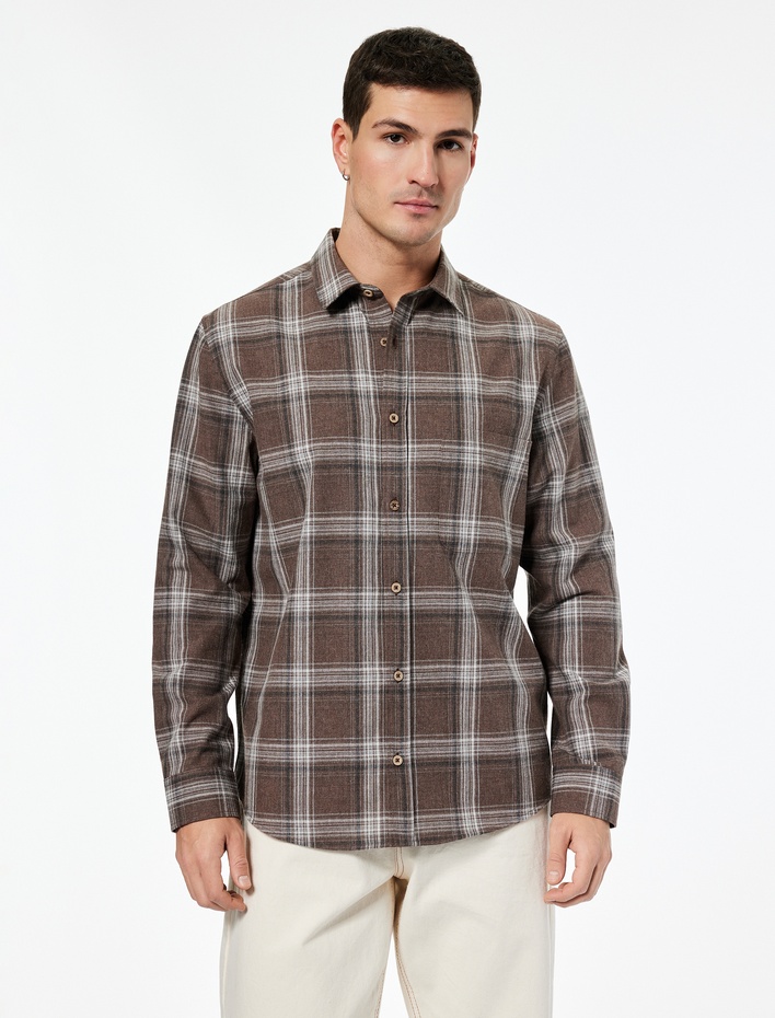  Regular Fit Desenli Düğmeli Klasik Yaka Oduncu Gömleği