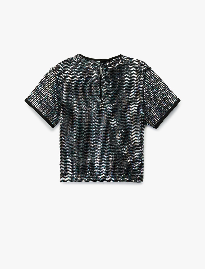Kız Çocuk Kısa Kollu Bisiklet Yaka Pullu Payetli Bluz