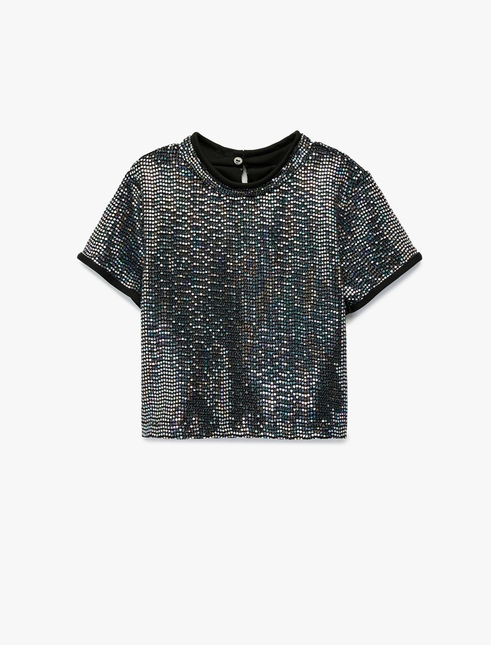 Kız Çocuk Kısa Kollu Bisiklet Yaka Pullu Payetli Bluz