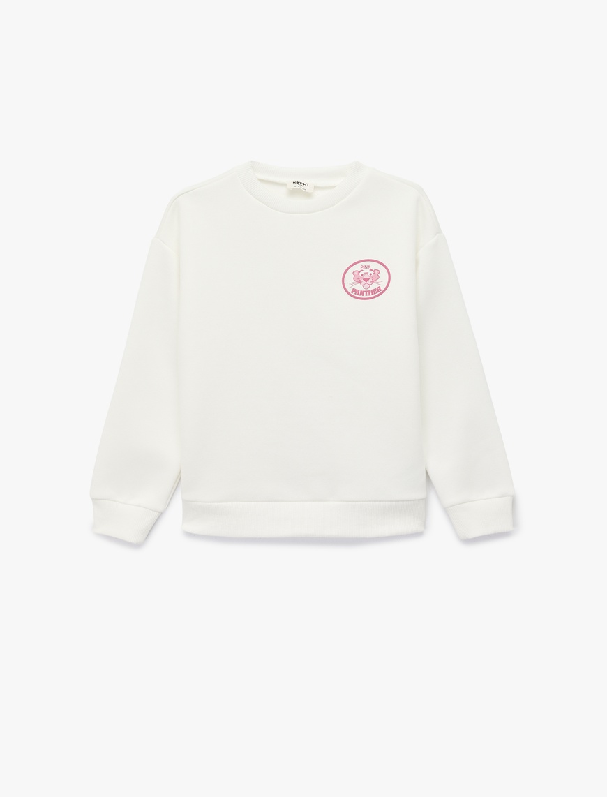 Koton Lisanslı Pembe Panter Baskılı Uzun Kollu Bisiklet Yaka Şardonlu Sweatshirt