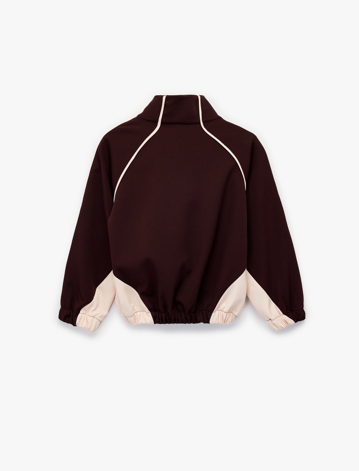 Kız Çocuk Renk Bloklu Dik Yaka Uzun Kollu Fermuarlı Ceket