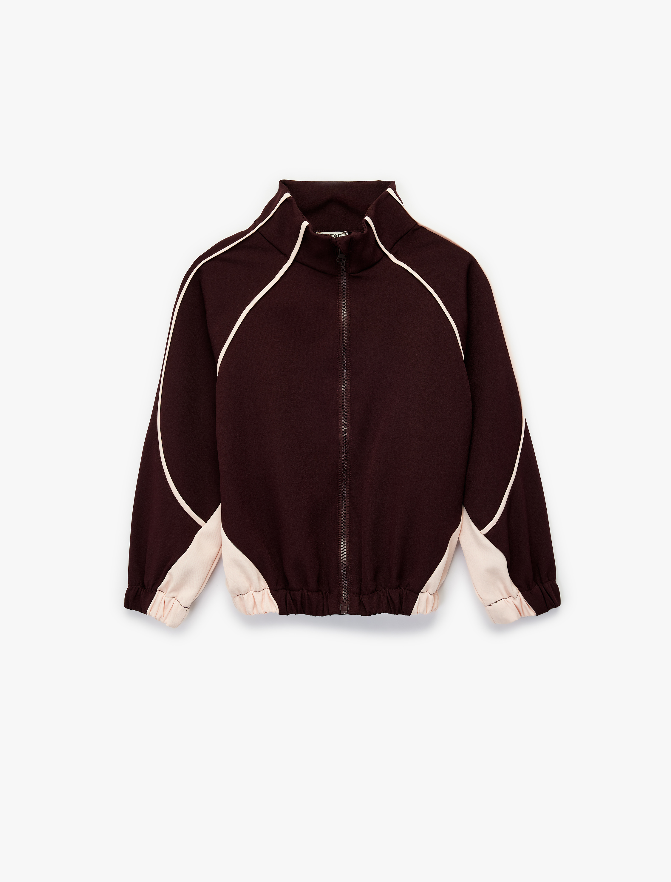  Kız Çocuk Renk Bloklu Dik Yaka Uzun Kollu Fermuarlı Ceket