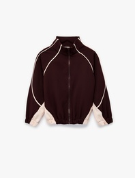 Renk Bloklu Dik Yaka Uzun Kollu Fermuarlı Ceket