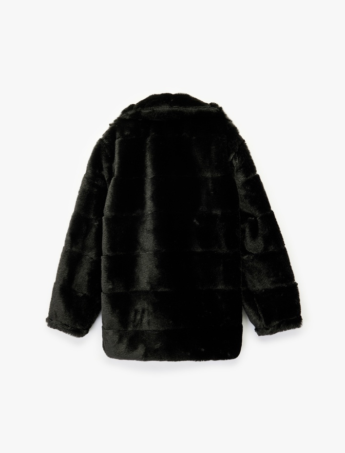 Kız Çocuk Uzun Kollu Cep Detaylı Bebe Yaka Suni Kürklü Ceket