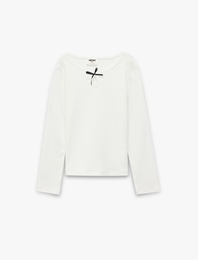 Uzun Kollu Bisiklet Yaka Pamuklu Fiyonklu Tişört