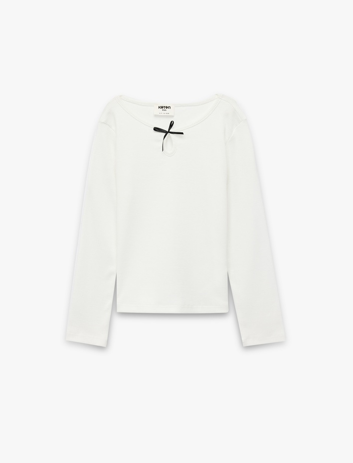 Kız Çocuk Uzun Kollu Bisiklet Yaka Pamuklu Fiyonklu Tişört