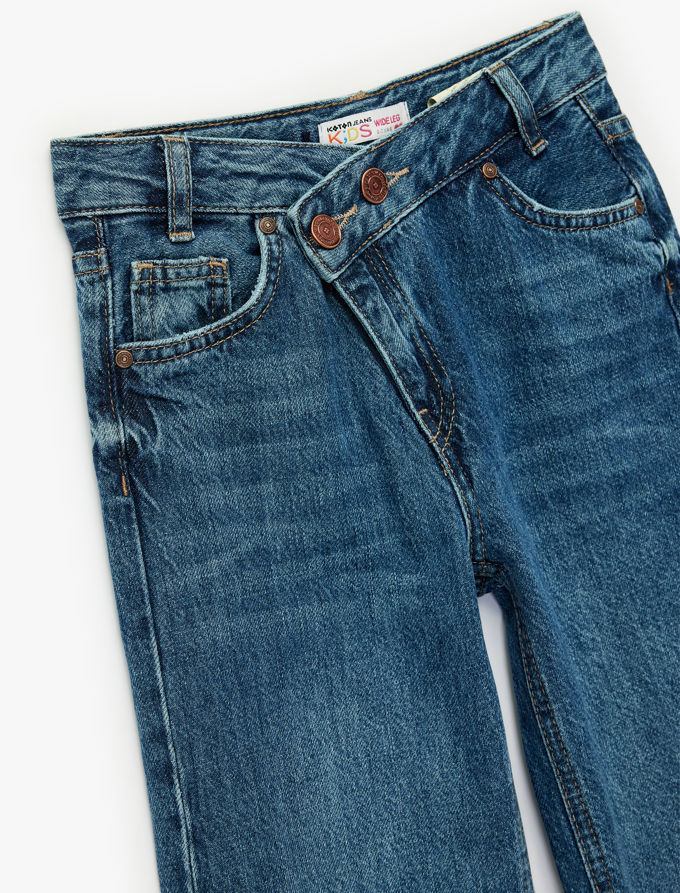  Kız Çocuk Pamuklu Cepli Geniş Paça Denim Pantolon