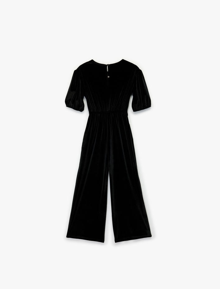 Kız Çocuk Balon Kollu Bisiklet Yaka Kadife Tulum