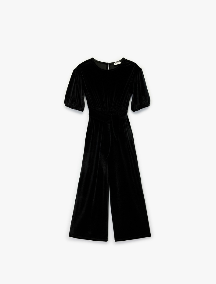 Kız Çocuk Balon Kollu Bisiklet Yaka Kadife Tulum